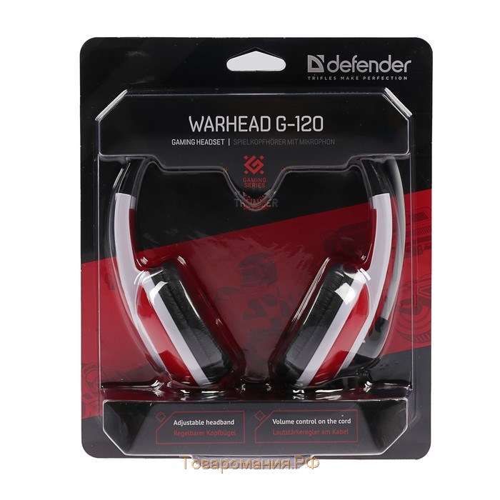 Наушники Defender Warhead G-120, игровые, полноразмерные, микрофон, 3.5мм, 2 м,черно-красные