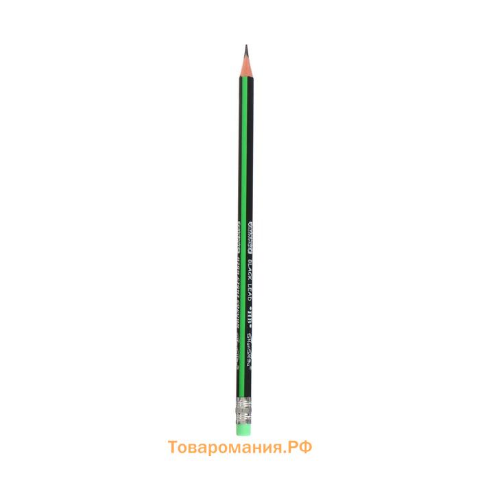 Карандаш чернографитный с ластиком "Полоски" твёрдость НВ, корпус треугольный, заточенный, в тубусе, МИКС