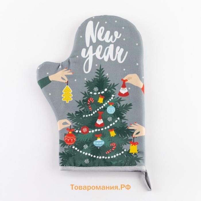 Новый год. Варежка-прихватка "New year" 20х28см, саржа, 100% хлопок, ватин 250г/м2