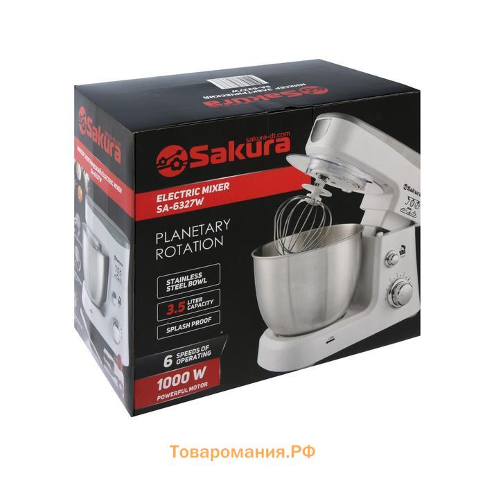 Миксер Sakura SA-6327W, планетарный, 1000 Вт, 3.5 л, 6 скоростей, 3 насадки, белый