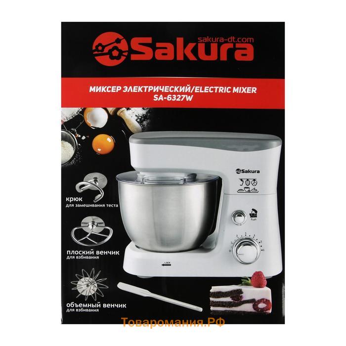 Миксер Sakura SA-6327W, планетарный, 1000 Вт, 3.5 л, 6 скоростей, 3 насадки, белый