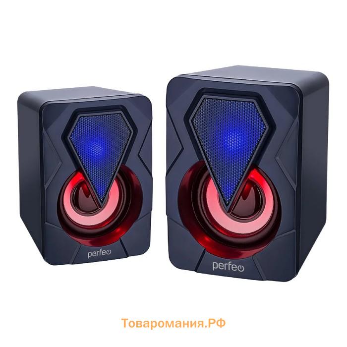 Компьютерные колонки 2.0 Perfeo Shine, 2х3, USB, LED подсветка, чёрные