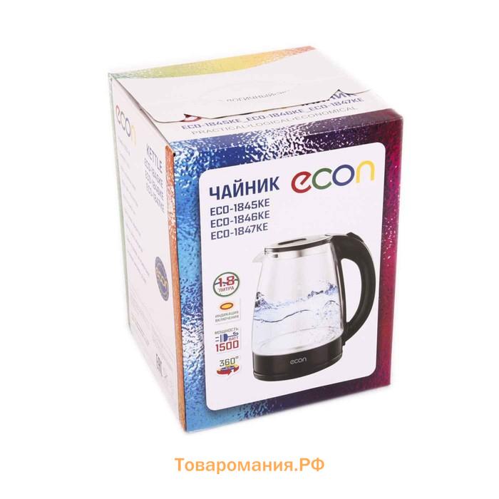 Чайник электрический Econ ECO-1846KE, 1500 Вт, стекло, 1,8 л, цвет голубой