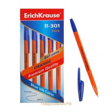 Ручка шариковая ErichKrause R-301 Orange Stick, узел 0.7 мм, чернила синие, длина линии письма 2000 метров, штрихкод на ручке