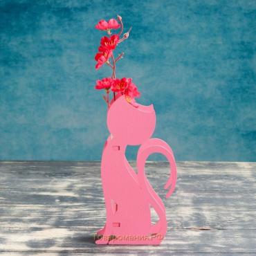 Кашпо деревянное 13×5.2×24.5 см с 1 колбой "Кошка", розовый Дарим Красиво