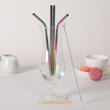 Трубочки для коктейлей  Color, 21 см, с ёршиком, нержавеющая сталь, 4 шт.