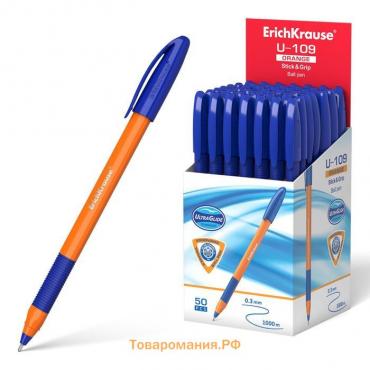 Ручка шариковая ErichKrause U-109 Orange Stick&Grip, игольчатый узел 1.0 мм, чернила синие, резиновый держатель, супермягкое письмо